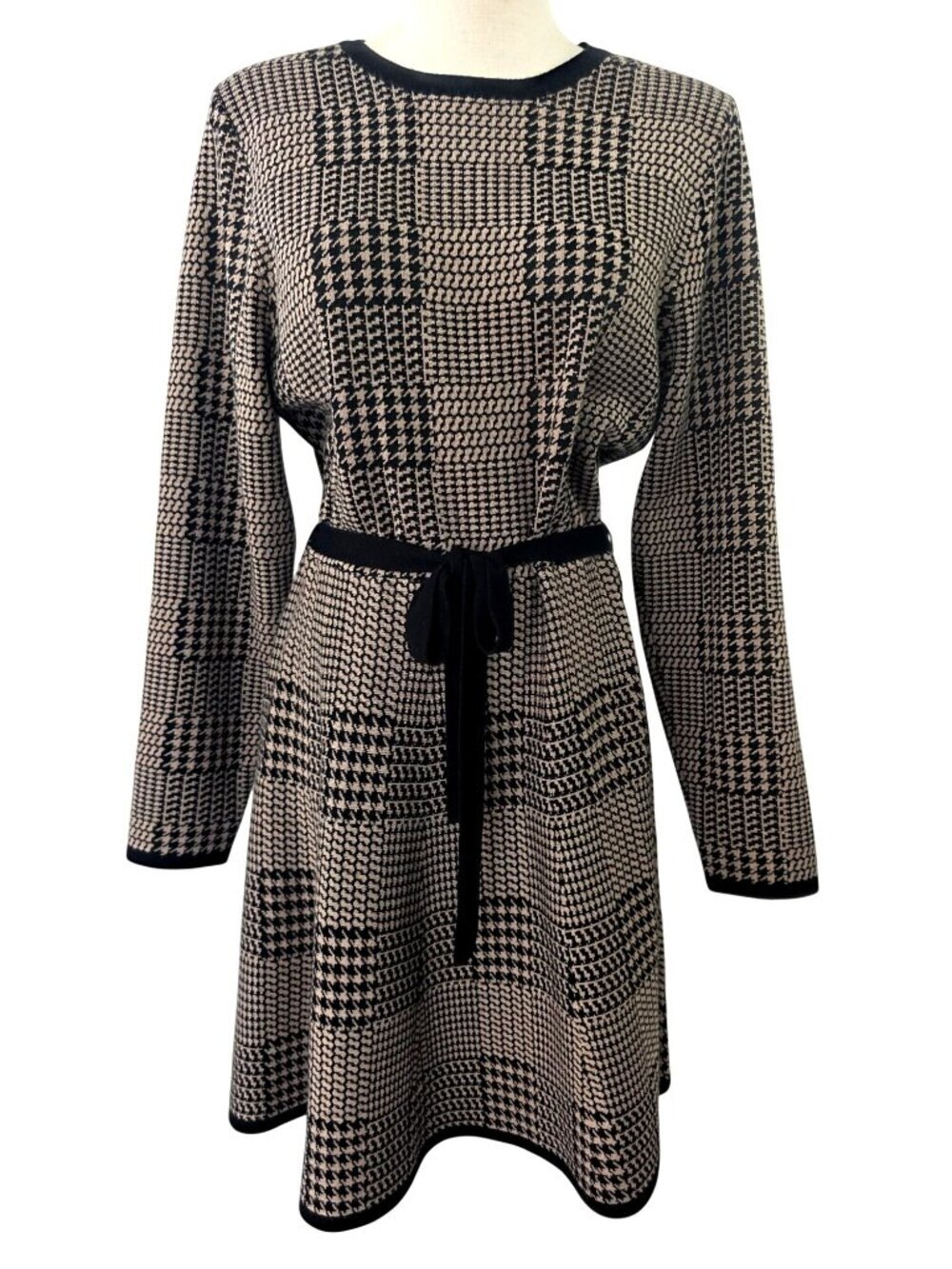 Max Studio London Black Beige Check Knit A-Line Dress Sz XL Belted Retro Mod